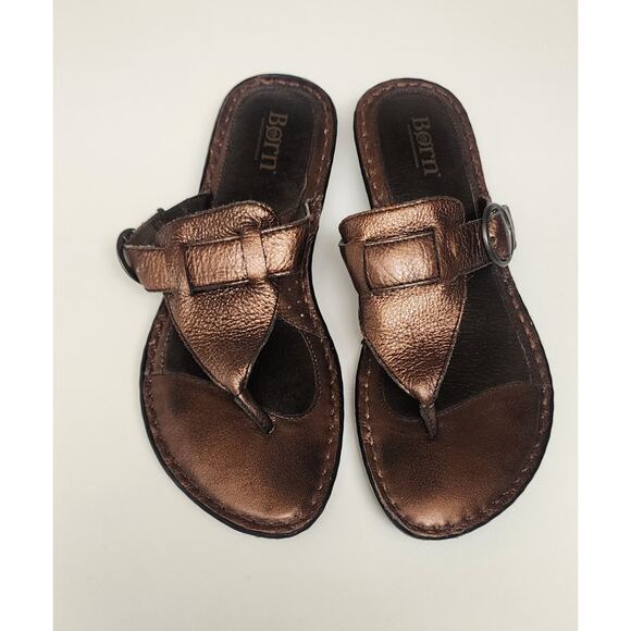 BORN Kimmie Bronze Leather Thong Sandals T-Strap Buckle Size US 8/39 - Picture 1 of 7